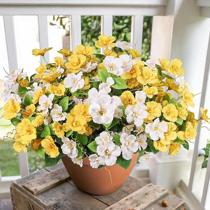 Fake Hibiscus Artificial Flowers for Outdoors Spring Summer Decoration, 6 Bundles Silk Hibiscus Flowers Bouquet UV Resistant Look Real Faux Plants for Outside Planter Front Door Porch Balcony, 2MixHB