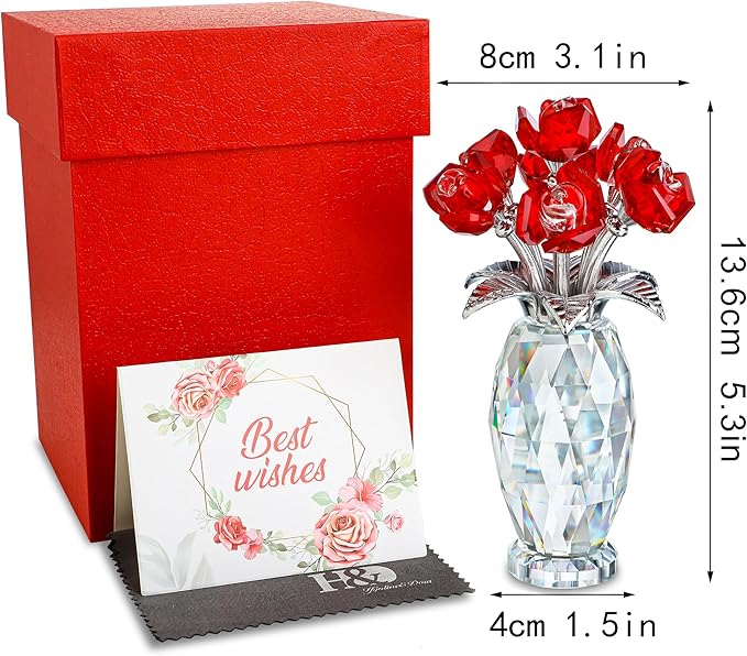 Red Crystal Rose Flower Figurine with Base,Glass Flower Bouquet Gifts for Women Girlfriend Wife,Handmade Crystal Flower Collectible Home Table Decor for Christmas Day Wedding Anniversary