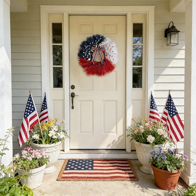 TEMPUS 30 Inch Patriotic Wreath for Front Door, Artificial Pampas Grass Reeds Wreath with Red White Blue Berries and Metal Stars, 4th of July Memorial Day Decor