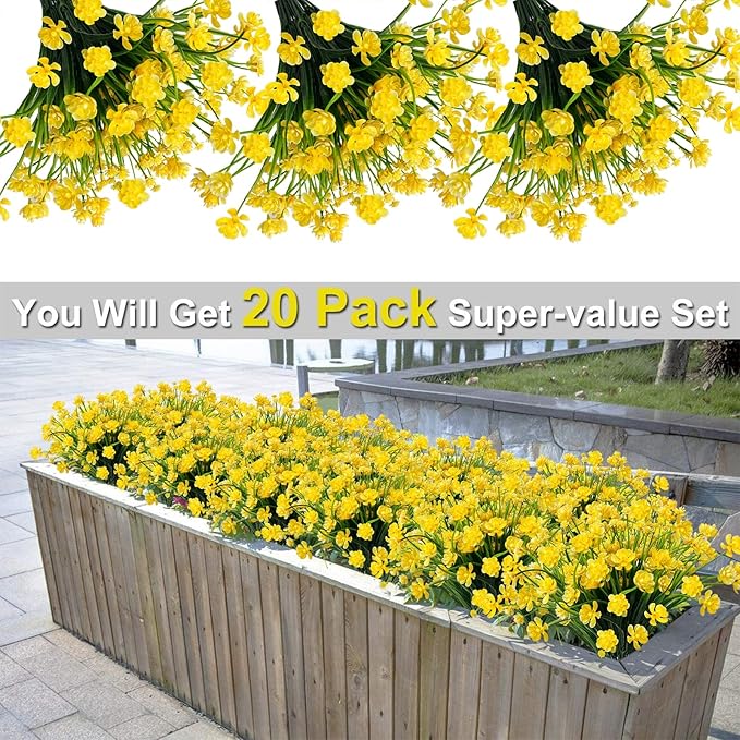 TURNMEON 20 Bundles Artificial Flowers for Outdoors Fake Plants Spring Decor, UV Resistant Artificial Plants Cemetery Flowers Faux Plastic Greenery Shrubs for Porch Yard Summer Decor 500 Heads(Yellow)