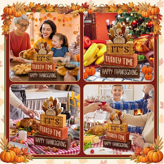 Moucuny 4 Pcs Fall Decorations for Home Wooden Turkey Decor Thanksgiving Tiered Tray Decor Thanksgiving Table Centerpiece Rustic Wooden Turkey Time Block Sign for Autumn Harvest Party Kitchen Shelf