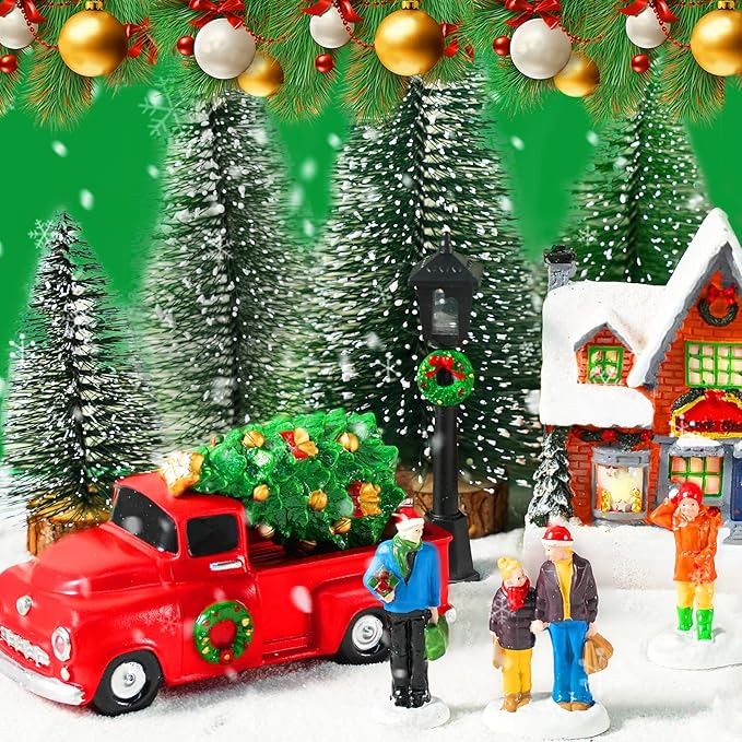Rileryan Christmas Village Vintage Red Truck Decor Figurines for Mini Christmas Village Town Accessories Pieces Cars Vehicles Sets Decorations Home Indoor Decor Gift