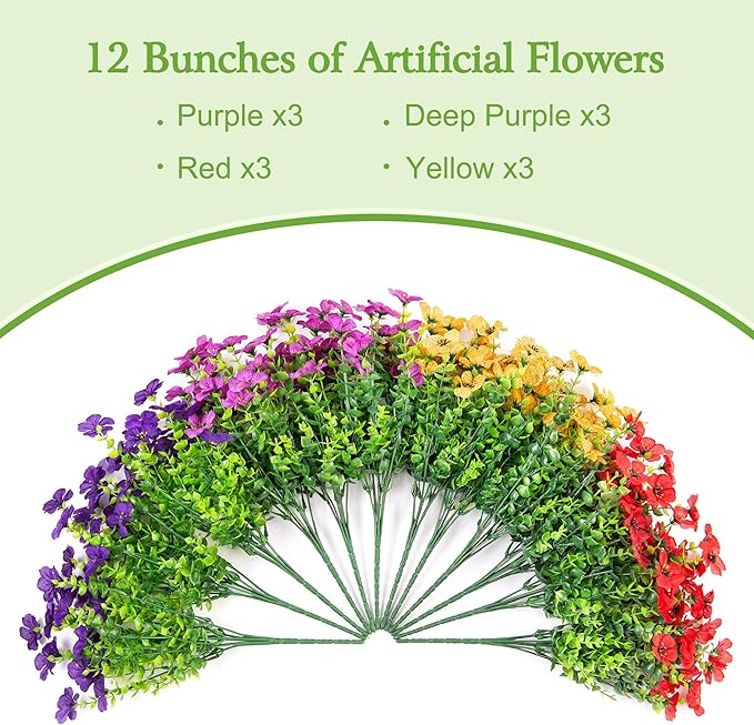 Artificial Flowers for Outdoors Potted Spring Decor, 12 Bundles Fake Summer Daisy with Realistic Eucalyptus Leaves, Faux Plants for Greenery Boxwood Porch Patio Garden Pot Lawn