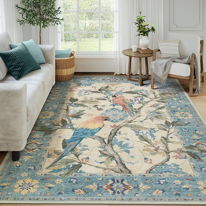 Lahome Botanical Birds Blue Washable Rugs 8x10 for Living Room, Soft Non Slip Dining Room Rugs for Under Table, Large Boho Vintage Indoor Floor Carpet for Bedroom Home Office (8x10ft,Blue)