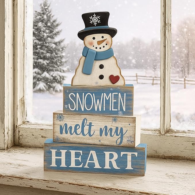Moucuny 4 Pcs Winter Table Decorations Blue and White Snowman Decor Winter Tiered Tray Decor Valentines Day Centerpiece Rustic Decorative Hat Snowman Block Signs Gift Farmhouse for Home Kitchen Shelf