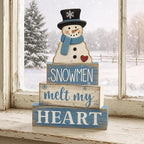 Moucuny 4 Pcs Winter Table Decorations Blue and White Snowman Decor Winter Tiered Tray Decor Valentines Day Centerpiece Rustic Decorative Hat Snowman Block Signs Gift Farmhouse for Home Kitchen Shelf