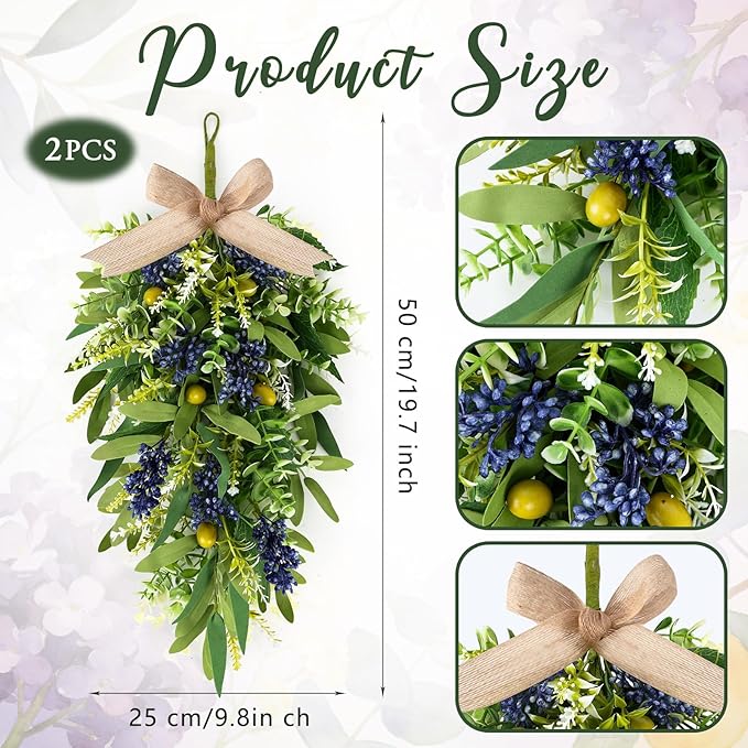 2 PCS 24'' Spring Summer Swags for Front Door Artificial Eucalyptus Olive Boxwood Leaves Teardrop Swags Greenery Swag Wreath Spring Summer Hanging Swag for Farmhouse Wedding Cabinet Home Outdoor Decor
