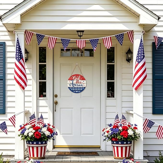 July Fourth Memorial Day Decorations Sign for Front Door Independence Day Patriotic Wreath Welcome Hanging Plaque God Bless America Round Wooden Hanger for Memorial Outdoor Decor 12”x 12”