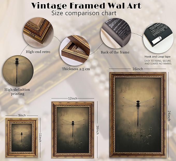 Vintage Gold Framed Wall Art Retro Dark Dragonfly Painting Canvas Prints Gothic Insect Picture Wall Decor Rustic Farmhouse Animal Poster Artwork for Living Room Bedroom Bathroom, 12x16in
