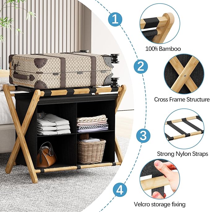Luggage Rack for Guest Room, Folding Suitcase Stand with Fabric Storage Shelf, Upgraded Bamboo Luggage Holder, Steel Foldable Luggage Stand for Guest Room, Bedroom, Hotel, Natural