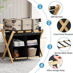 Luggage Rack for Guest Room, Folding Suitcase Stand with Fabric Storage Shelf, Upgraded Bamboo Luggage Holder, Steel Foldable Luggage Stand for Guest Room, Bedroom, Hotel, Natural