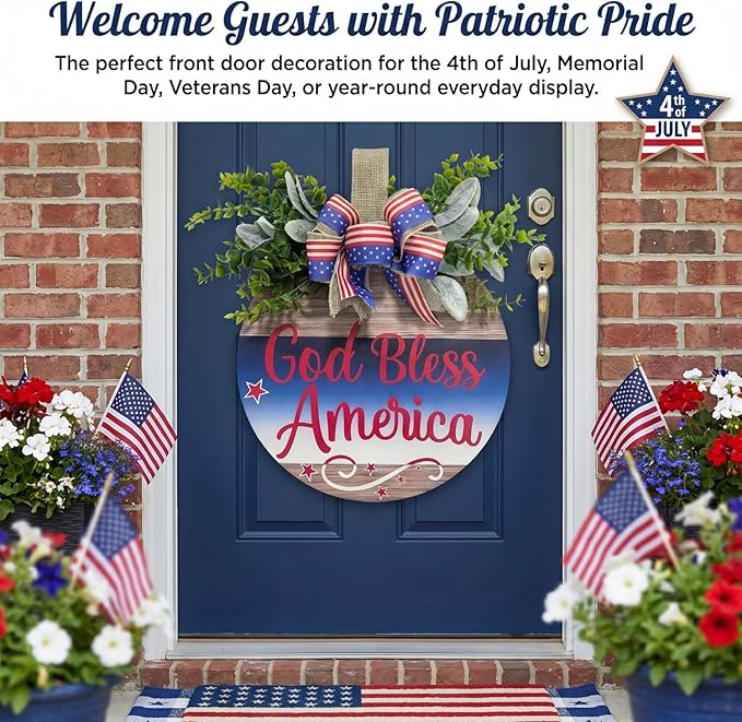 Memorial Day & 4th of July Patriotic Wreath, 12" Wooden Decor with Artificial Flowers, USA 250th Anniversary Sign for Front Door, Garden, Patios, Windows Decor (Color-Bless)