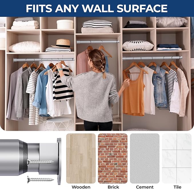 Mavivegue Closet Rod, 17 to 57 Inch Adjustable Closet Rods for Hanging Clothes, Silver Hanging Rod for Closet Wardrobes Laundry RV, Bathroom
