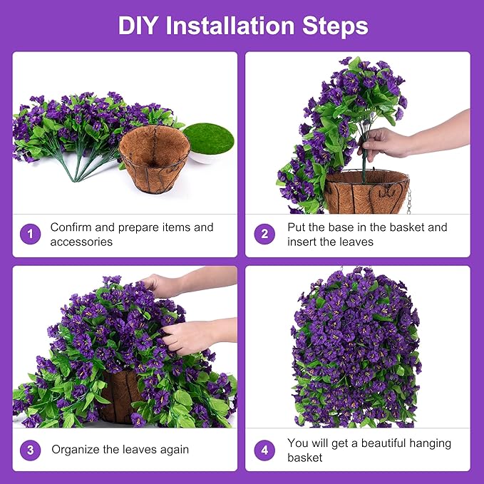 Artificial Faux Hanging Flowers Basket for Spring Summer Outdoor Porch Decor, Fake Silk Colorful Morning Glory Eucalyptus in Planter UV Resistant Look Real for Home Balcony Yard(Dark Purple)