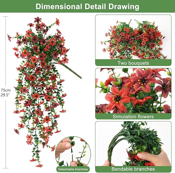 Artificial Hanging Flowers Plants for Outdoor Spring Decoration,2 PCS Faux Silk Daisy with Eucalyptus Leaves,UV Resistant Look Real for Outside Home Indoor Planter Porch Patio Balcony Yard Decor