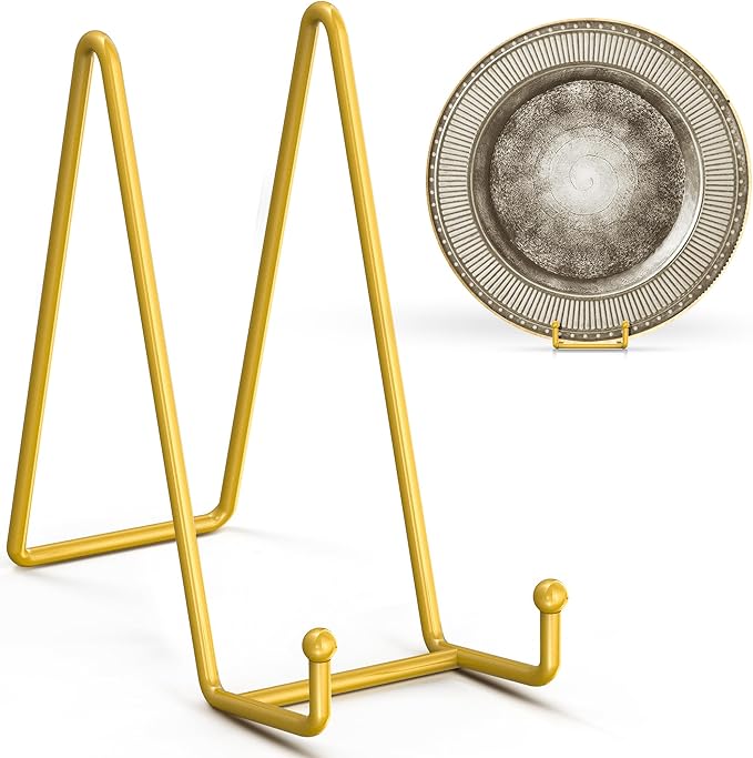 TR-LIFE 4 Pack 8 Inch Plate Stands/Holder for Display, Large, Gold Metal Picture Stand, Decorative Platter, Book, Plaques, Photo Frame Easel