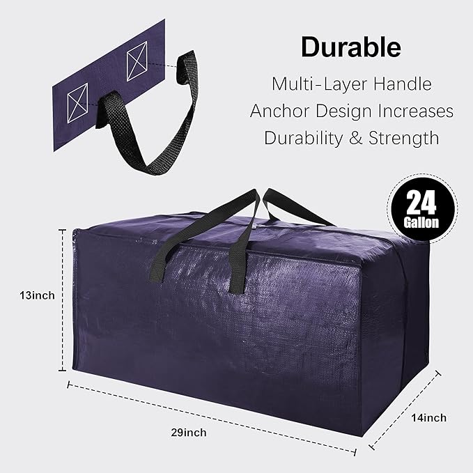 12 Pack Heavy Duty Extra Large Moving Bags W/Backpack Straps - Strong Handles & Zippers, Storage Totes For Space Saving, Fold Flat, Alternative to Moving Box and Storage Bin, Blue