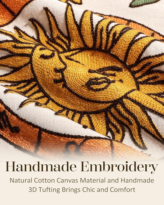 Embroidered Throw Pillow Cover 18x18 Inch - Spring Summer Boho Decorative Pillow Cover with Zipper for Living Room Couch Sofa Bed Aesthetic Design Sunflower Moon Cushion Pillowcase