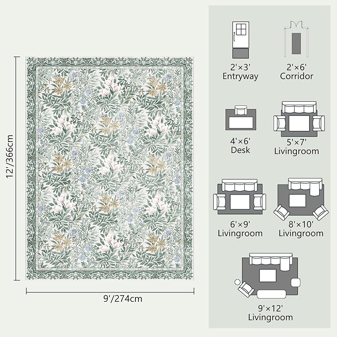Botanical Floral Area Rug 9x12 Light Green Cream Vintage Garden Design, Perfect for Living Room, Bedroom, Kids Room, Nursery - Stain & Water Resistant Non-Slip, Pet & Child Friendly Area Rugs