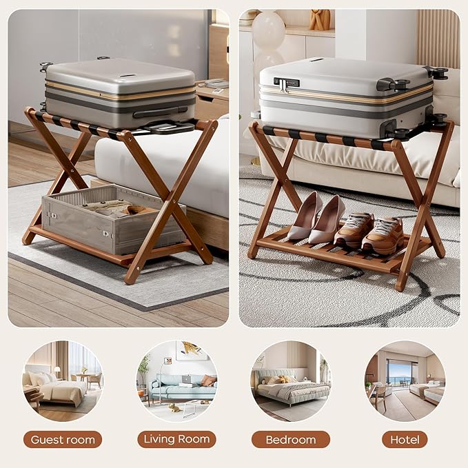 Full Assembled 26.77" L Luggage Rack Set of 2 - Luggage Stand for Guest Room, Foldable Suitcase Stand with Shoe Shelf, Luggage Holder for Bedroom, Hotel (Walnut Bamboo Suitcase Holders)