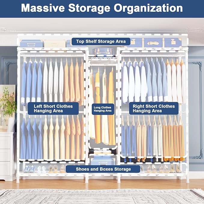 Ulif E12C Pro Heavy Duty Closet Organizer System，Freestanding Clothing Racks for Hanging Clothes，Adjustable Garment Rack 71"W x 16"D x 76.5"H Hold 960lbs，White Clothing Rack with White Dustproof Cover