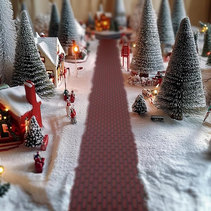 Iceyyyy 4 Pcs Christmas Village Reddish Brown Brick Road-39 x 3.5 Inch Cuttable Christmas Village Landscape Road-Miniature Xmas Village Accessories for Home Garden Street Landscape Decorations