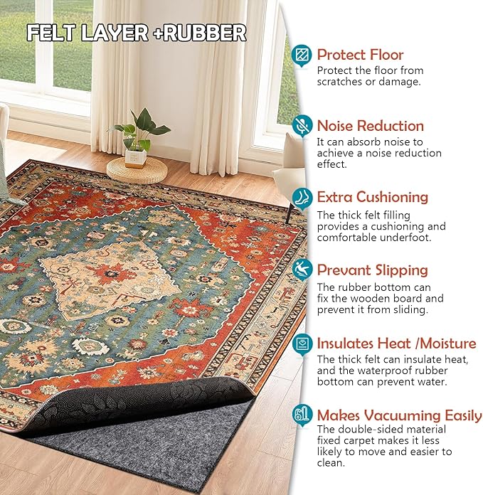 Waterproof Rug Pad, Thick 8x10 Ft Under Area Rug Carpet Pad, Non Slip Rug Pads for All Floors and Hardwood Floors Finishes, Keep Carpets in Place Soft and Prevent Rug from Wrinkling or Buckling