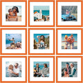 Vittanly 12x12 Picture Frames Set of 9, Shatter Resistant Plexiglass, Display 8x8 Pictures with Mat or 12x12 without Mat, Photo Frames for Wall Mount, Engineered Wood, Orange