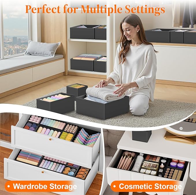 Drawer Organizer Clothes, 16 Pack Drawer Organizers and Underwear Organizer for Nursery, Dividers Clothes Organizer, Closet Organization and Foldable Storage Bins for Sock, Bra, Tie, Black