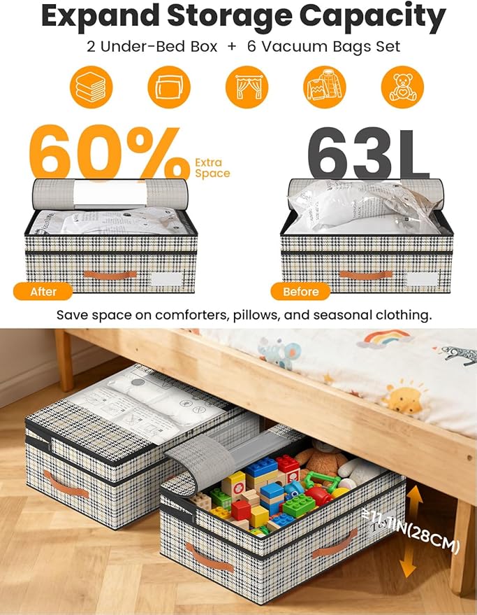 2-Pack Under Bed Storage with Wheels and 6 Vacuum Seal Bags, Adjustable Height 7.9"-10.2",Heavy Duty Capacity, Clear Lid Organizer for Dorm Bedroom Clothes Shoes Books,Quick Assembly Space Saver