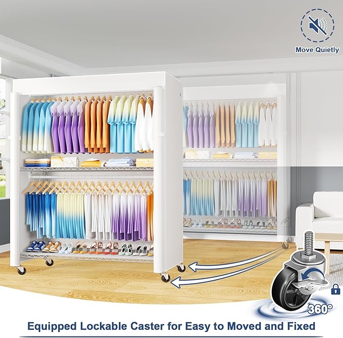 P8C Max Heavy Duty Clothes Rack（With Extended Width Design） Rolling Clothing Racks for Hanging Clothes with Lockable Wheels，51.2"W x 15.8"D x 80.5"H，Load 700LBS，White Rack with White Cover
