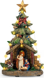 VISFLAIR 12'' Christmas Tree Lighted Manger Nativity Scene, Musical Holy Family Figurines LED Light Play Silent Night Music, Battery & USB Home Decor Gifts Festive Holiday Decorations