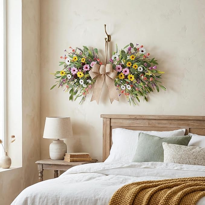 24inch Floral Swag Artificial Spring Lavender Daisy Swag with Wildflower Wisteria Front Door Twigs Leaves Flower Decorative Swag for Farmhouse Wedding Arch Party Wall Home Indoor Outdoor Holiday Decor