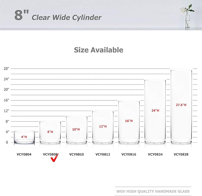 WGV Cylinder Vase Bulk, Width 8", Height 8", Clear Wide Large Diameter Flower Glassware, Floral Container, Planter Terrarium for Wedding Party Event, Home Accent Decor, 6 Pieces