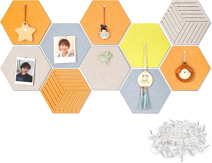 12'' Hexagon Cork Board Tiles Alternative, 10 Pack Frameless Felt Bulletin Board Tiles, Removable Corkboard for Wall, Decorative Pin Board for Office Wall Decor, Vision Board with 30 Pushpins
