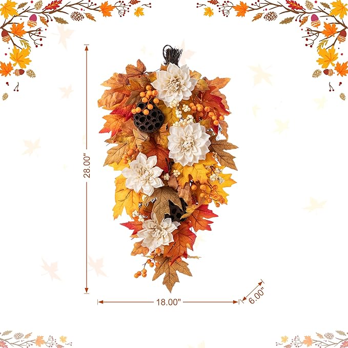 Glitzhome Fall Teardrop Swags for Front Door, 28''H Autumn Swag with Lotus, Lotus Pod and Berry, Fall Swags for Front Door, Thanksgiving Harvest Festivals Decor
