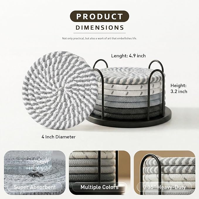 Lazebox Coasters Set of 8 for Drinks, 4 Inch Large Coasters for Coffee Table, Tabletop Protection for Hot & Cold Drinks, Versatile Coasters for Home Decor, Non-Slip & Easy to Clean, Gray