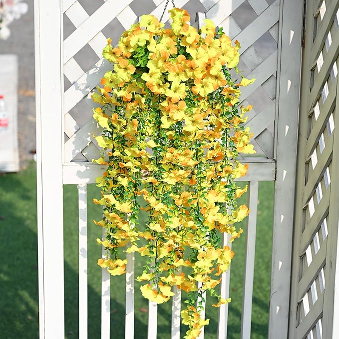 Waipfaru Artificial Petunias Flowers for Outdoors, 2 Pcs UV Resistant Fake Hanging Plants Spring Outside Decor, Faux Silk Flowers Long Trailing Vines for Outdoor Planters Porch Garden (Yellow)