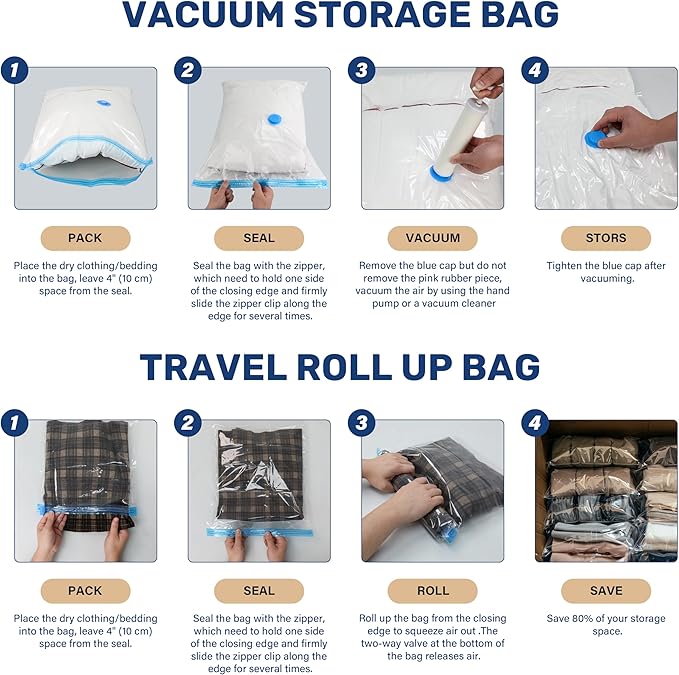 Simple Deluxe 8 Jumbo Space Saver Bags, Vacuum Storage Bags, Vacuum Seal Bags with Hand Pump for Comforters, Blankets, Bedding, Pillows and Clothes