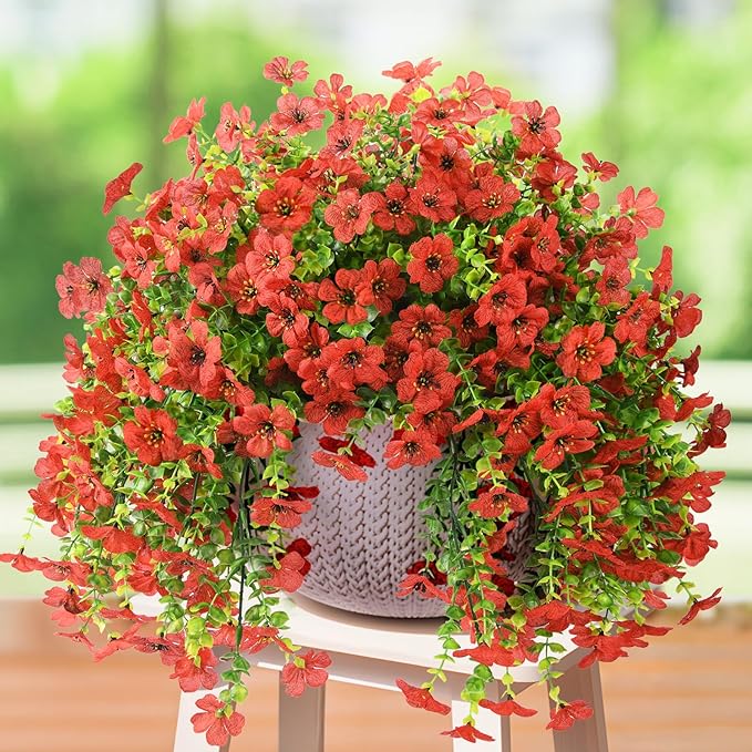 Artificial Hanging Flowers for Outdoors Spring Decoration, 2PCS Silk Fake Daisy Realistic Outdoor Flowers UV Resistant Porch Patio Window Yard Decor(Red)