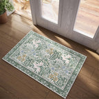 Botanical Floral Washable Entryway Area Rug 2x3 Light Green Cream Vintage Garden Design, Perfect for Soft Door Mat Indoor Entrance, Ultra-Thin Easy Clean Small Throw Carpet for Bedroom Bathroom