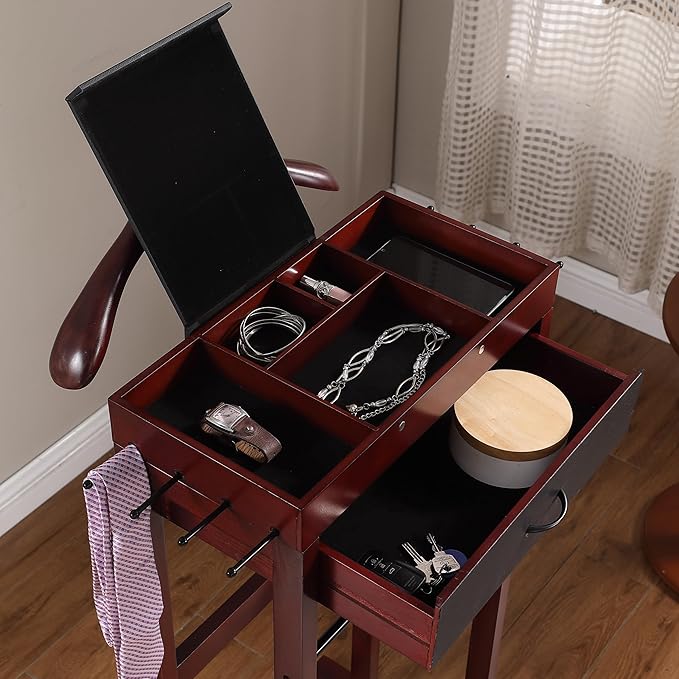 Proman Products Winston Freestanding Wooden Clothes Valet Stand Organizer with Hanger, Pant Rod, Drawer, Tie hook, Tray, Shoe Rack for men and women (Mahogany)