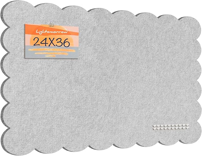 Lightomorrow Scalloped Bulletin Board, 36 x 24 Inches Felt Pin Board - Decorative Cork Alternative for Wall, Foldable Picture Self-Adhesive Vision Prayer Board with 20 Pushpins - Light Gray