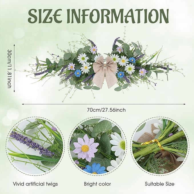 24'' Spring Wreaths for Front Door Summer Floral Swag Blue Spring Door Wreath with Wildflower Lanvender for Wall Porch Indoors Outdoor Window Home Decorations