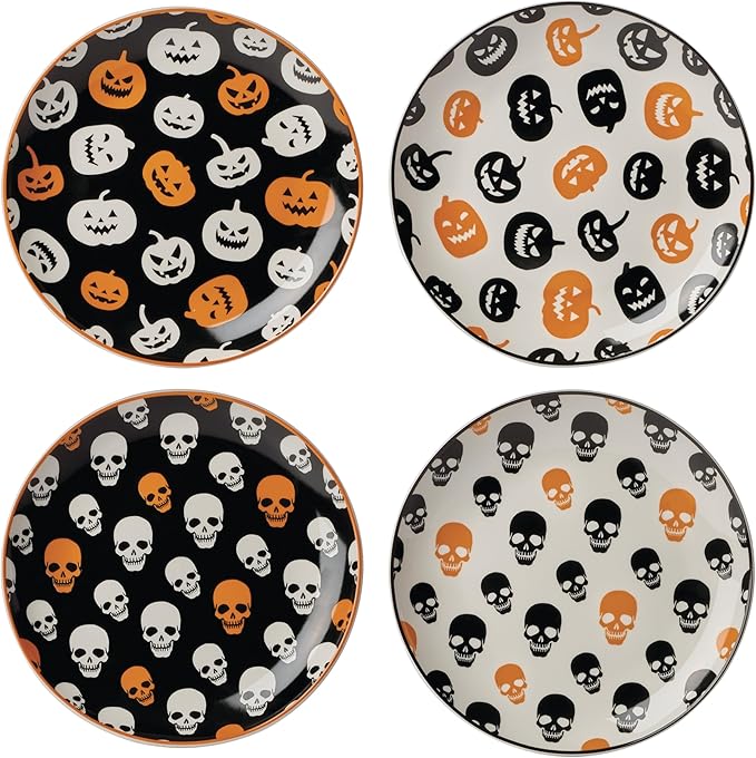 Oneida Dinnerware Set, Vintro Halloween Accent Plates, Assorted Set of 4, Porcelain, Dishwasher Safe, Microwave Safe, Halloween Decor Indoor, Skulls, Pumpkins, Spooky Decorative Plates (4 Piece)