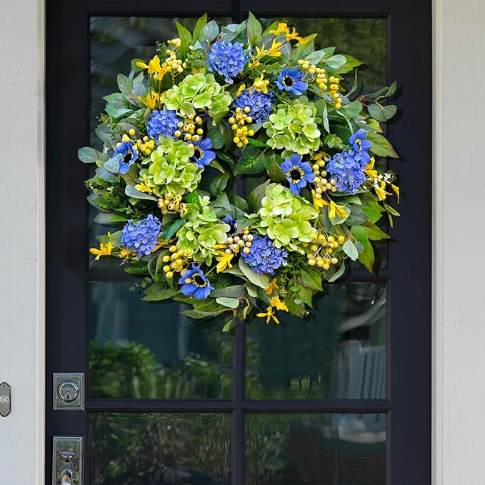 Spring Wreaths for Front Door 24 Inch Summer Wreath with Lifelike Blue Hydrangea Gerbera and Daisy, Wreath Decor for Indoor or Outdoor Spring and Summer Wreaths for Front Door Outside