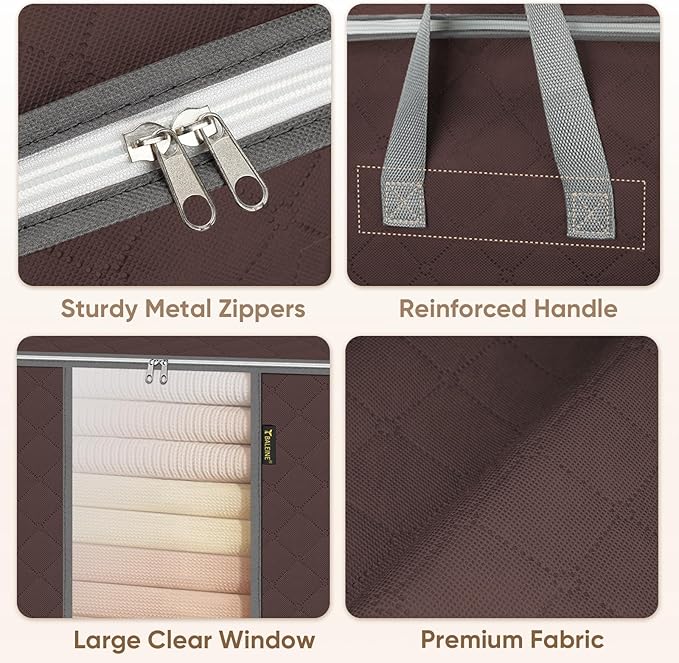 BALEINE 6 Pack Clothes Storage Bags, 24 Gallon Storage Containers with Reinforced Handle, Sturdy Zipper, Closet Organizer for Blanket, Comforter, Pillow, Bedding (Brown, 6 Pack)