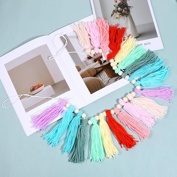 2 Pcs Boho Tassel Garland, 6.5 Feet Pom Pom Garland Rainbow Felt Ball Garlands Colorful Pastel Tassel Wall Hanging Banner with Wood Beads for Classroom Wedding Baby Shower Birthday Party Home Decor