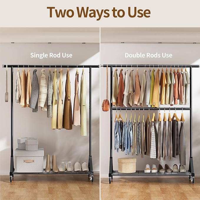 Luxspire Heavy Duty Clothes Rack Load 600 LBS, Double Rod Clothing Rack, Rolling Garment Racks with Lockable Wheels, Shelves, Adjustable Laundry Hanging Racks for Clothes, Black
