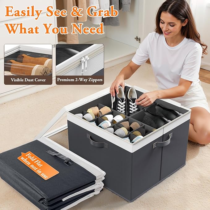 Shoe Organizer for Closet - 2 Packs Hold up to 32 Pairs, Large Shoe Storage Organizer Containers with Adjustable Dividers, Clear Cover, Leather Handles for Heels, Boots, Sneakers (Gray)